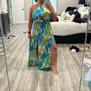 Palm print maxi dress with double slit